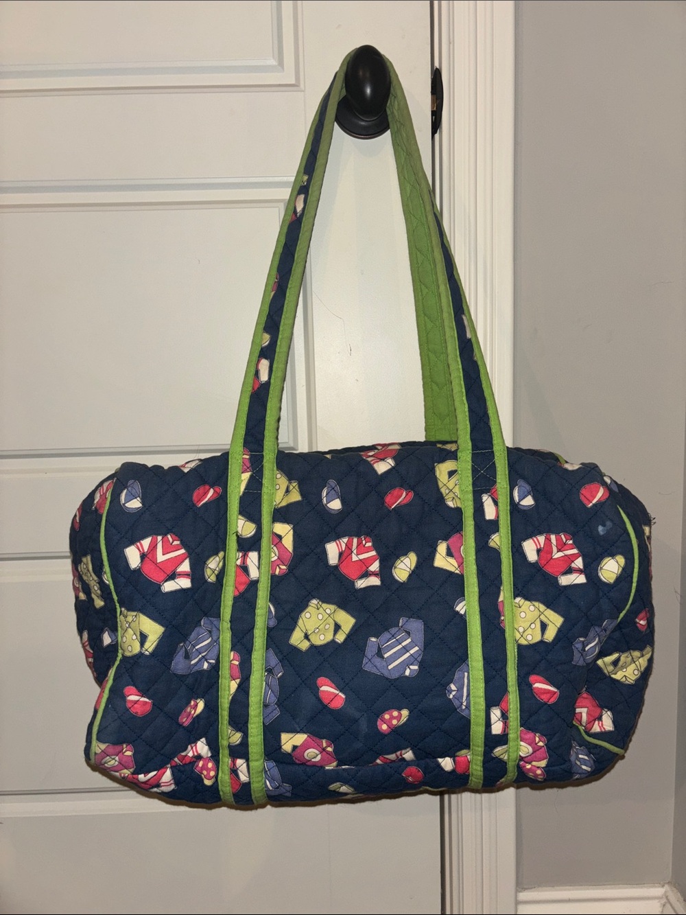 Pomegranate Quilted Navy Travel Duffel with Lime Green Trim